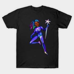 Black anime girl from outer space  ! beautiful  black girl with multi colored Afro hair, blue eyes, Cherry pink lips and dark brown skin. Hair love ! T-Shirt